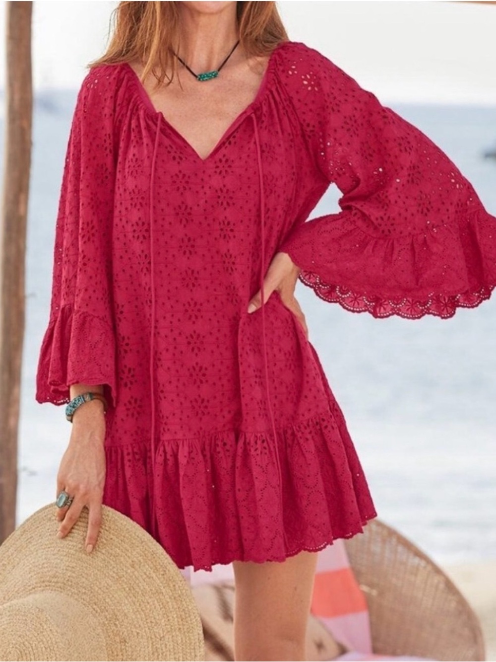 Sundance Boho Red Eyelet Lace Moray Dress Bell Sleeves Ruffle Beachy Vacation